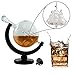 Whiskey Decanter for Spirits or Wine - Decorative Etched Glass Globe Design - Glass Ship Sculpture Inside - Artisan Quality - Dark Wood Stand - 850ml