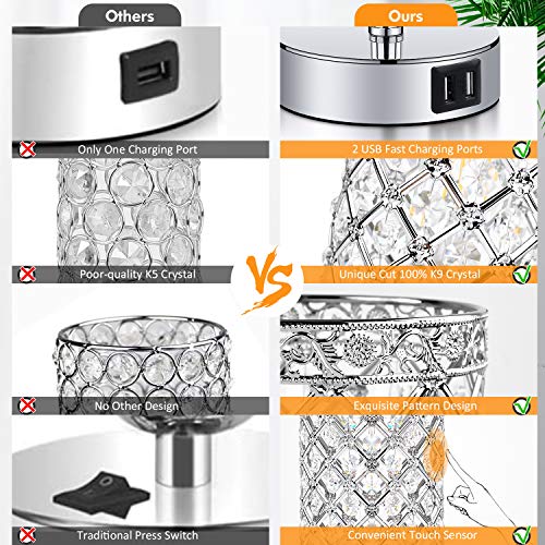 Touch Control Crystal Table Lamp Set of 2 Bedside Nightstand Lamps with