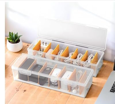 PAVSTINE Cable Management Box Lid 7 Compartment Data Tidy Plastic Charger Desk