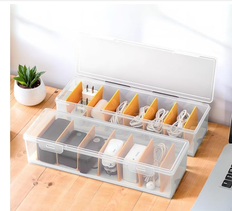 PAVSTINE Cable Management Box Lid 7 Compartment Data Tidy Plastic Charger Desk