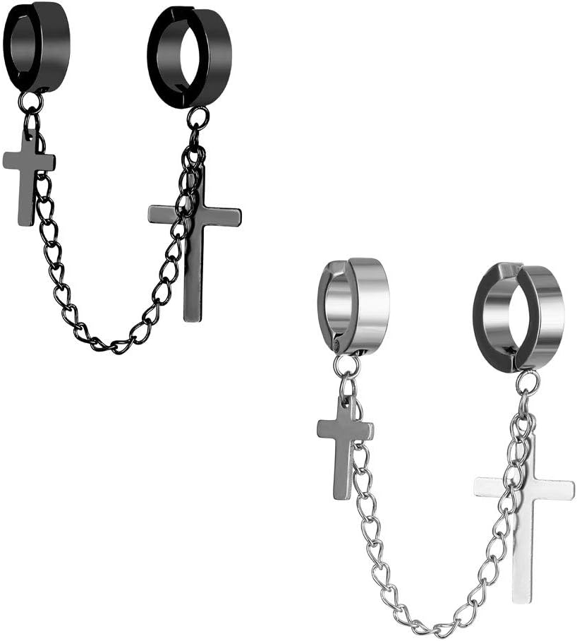 Stainless Steel Stud Earring for Women Men Vintage Religious Cross Dangle Hinged Hoop Earrings Earless Round Ear Clip