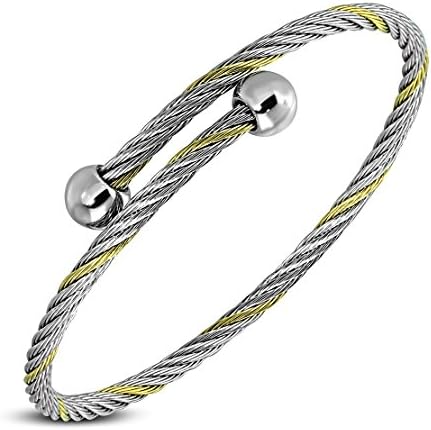Stainless Steel 2-tone Celtic Twisted Cable Wire Torc Cuff Bangle with Alloy Round End Caps Length: 0.34"