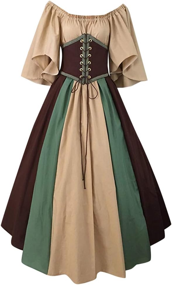 Fashion New Women Medieval Retro Gothic Stitching Sleeves Waist Swing Skirt one Word Shoulder Dress