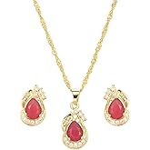 RIZILIA Pear Cut Birthstone Jewelry Set for Women - Multi Color Options - 14K Yellow Gold Plated Pendant Necklace Stud Earrings, 18"+2" Chain - Gift Boxed for Her, Mother Birthday