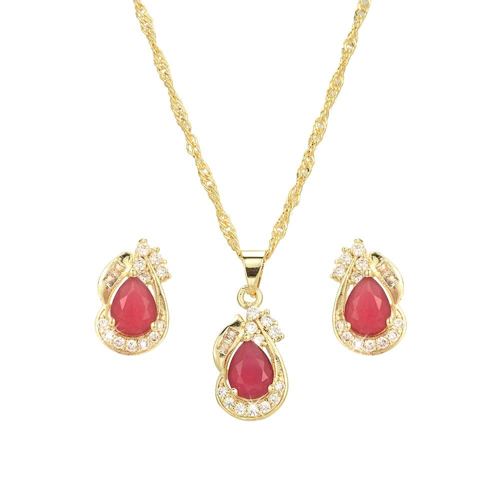 RIZILIA Pear Cut Birthstone Jewellery Set for Women - July Simulated Red Ruby - 14K Yellow Gold Plated Pendant Necklace Stud Earrings, 46 cm Chain + 5 cm Extension - Gift Boxed for Her Mother Birthday