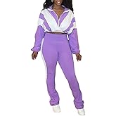 Lingt Chic Women's 80s Color Block Tracksuit 2 Piece Outfit Zip Up Crop Jacket and Bodycon Pants Set Long Sleeve Sweatsuit
