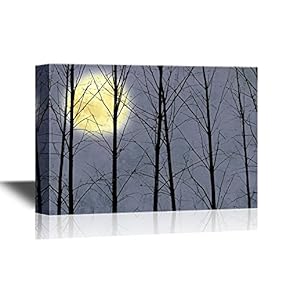 Canvas Wall Art - Bright Full Moon Viewed Through Black Tree Branches - Gallery Wrap Modern Home Art | Ready to Hang - 12x18 inches