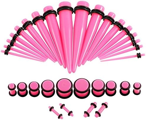 FHJEWE 36pcs Ear Stretchers Kit UV Acrylic Tapers and Flared Ear Plugs Tunnels Eyelets Gauges Set 14G-00G(pink)
