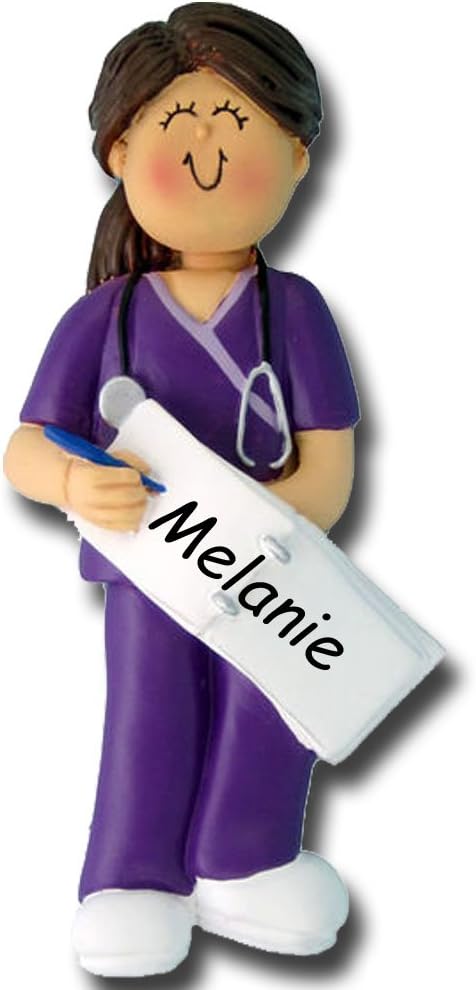 Personalized Brunette Female Nurse Doctor Medical Technician Assistant in Purple Color Scrubs with Stethoscope Hanging Christmas Tree Ornament - Medical Appreciation Gift with Custom Name