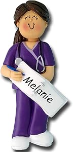 Personalized Brunette Female Nurse Doctor Medical Technician Assistant in Purple Color Scrubs with Stethoscope Hanging Christmas Tree Ornament - Medical Appreciation Gift with Custom Name