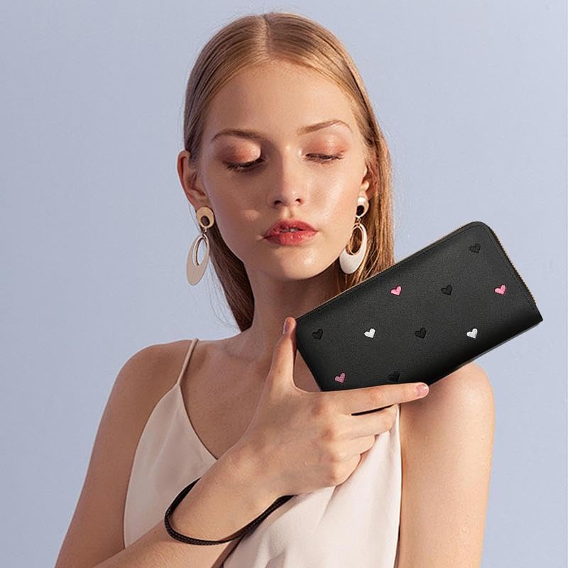 Korean Style Long Wallet for Women - Embroidered Heart Tassel, Multi-Card Slots & Zipper Pocket (Black)