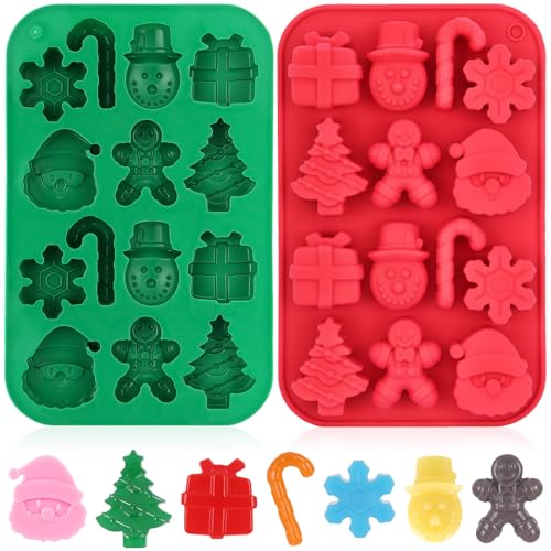 2 Pack Christmas Silicone Chocolate Molds, 3D Christmas Tree Snowflake Snowman Cane Molds, Xmas Non-stick Baking Mold for DIY Xmas Chocolate Candy Soap Biscuit Jelly Cake Ice Cube