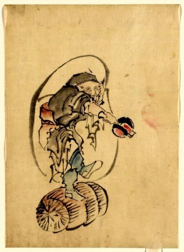 1830 Japanese Print . Hotei, the god of good fortune, one of the seven lucky gods, facing right, standing on a rolling barrel, holding a mallet in his right hand and carrying his large bottomless bag of goods