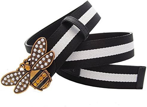 Western Contrast Color Canvas Leather Rhinestone Peal Buckle Women Belt Gift With Jeans
