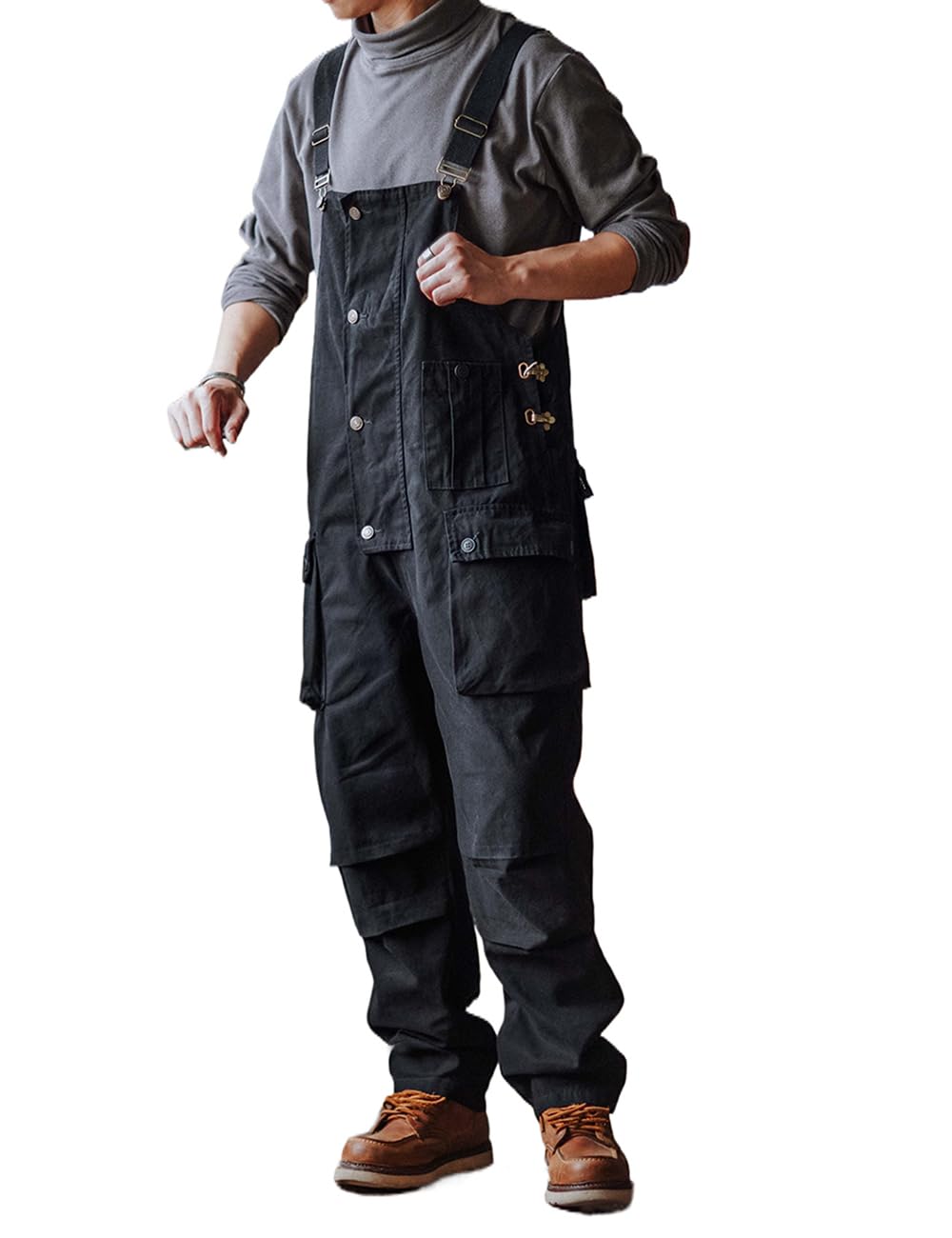 Photo 1 of Dcincell Men's Bib Overalls Loose Fit Canvas Coveralls Workwear Dungarees Jumpsuit with Flap Cargo Pockets, Black, 36