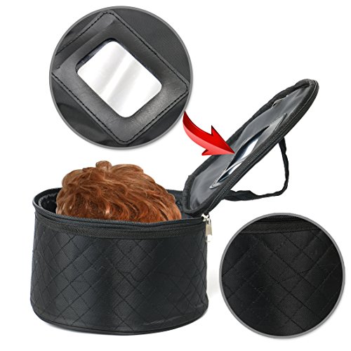 Travel Case for Wigs, Black Quilted Nylon with Interior Mirror, Zipper, Double Stitching, Lightweight & Portable Wig Pouch by Adolfo Design