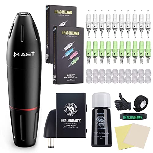 Dragonhawk Wireless Tattoo Kit, Complete Tattoo Pen Machine Kit with Cordless Battery Power