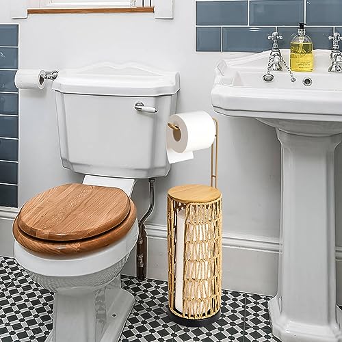 Freestanding Toilet Paper Dispenser Storage with Shelf, Standing Bathroom Toilet Paper Dispenser, Boho Rattan Toilet Paper Storage for 4 Rolls of Toilet Paper