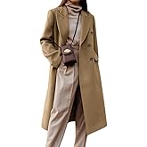 chouyatou Women's Double Breasted Wool Coat Notched Lapel Collar Winter Pea Coat Overcoat Long Jackets