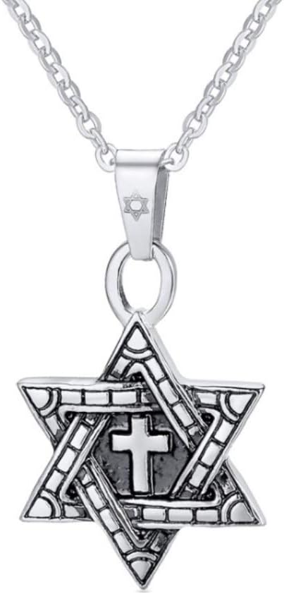 Cross in Six-Pointed Megan Star of David Necklace Religious Vintage Stainless Steel Pendant with 22 Inch Chain