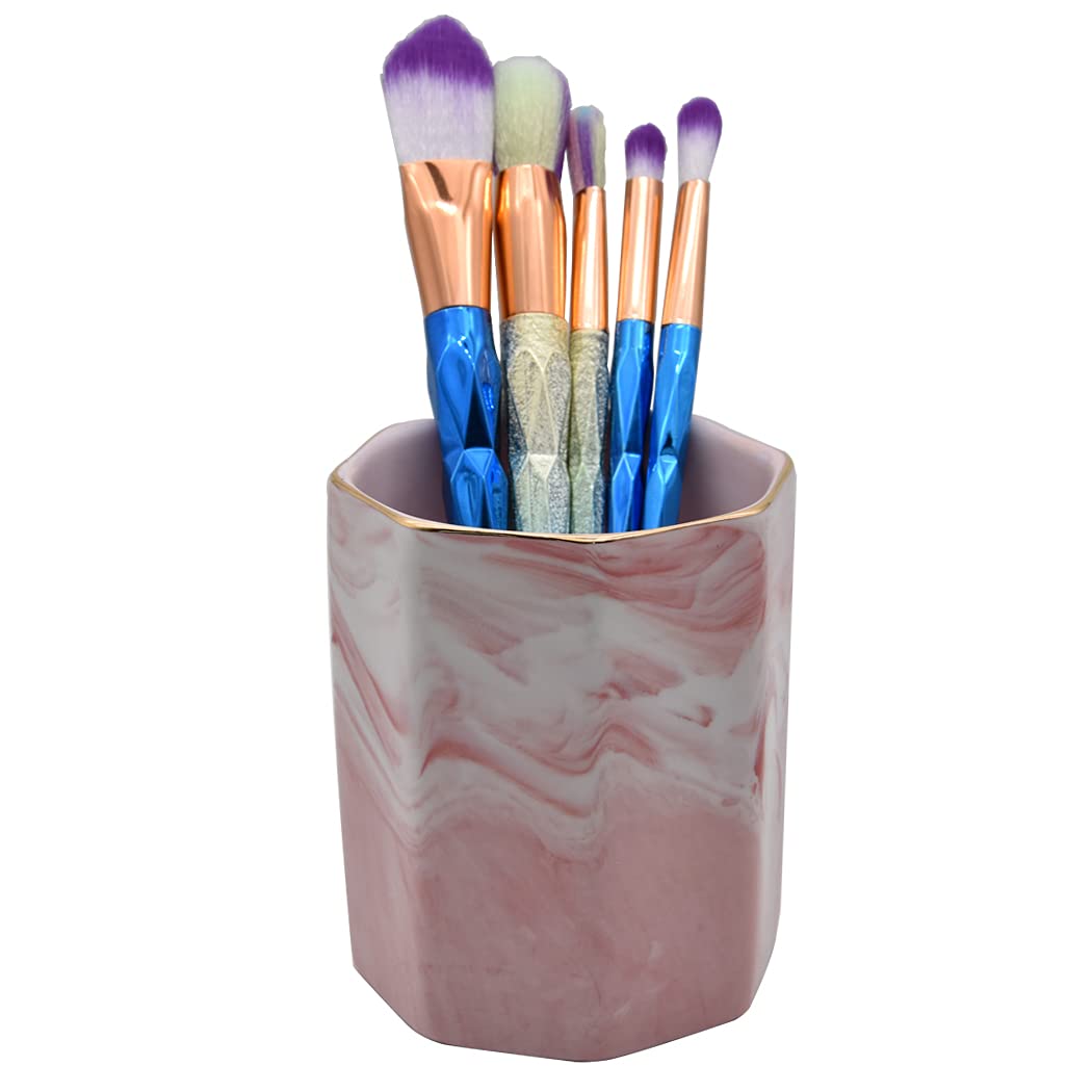 Hoshen Marble Texture Ceramic Pen Holder, Desktop Makeup Brush Storage, Craft Flower Arrangement Ornaments, Suitable for Daily Use in Offices, Classrooms and Homes, Pink Texture