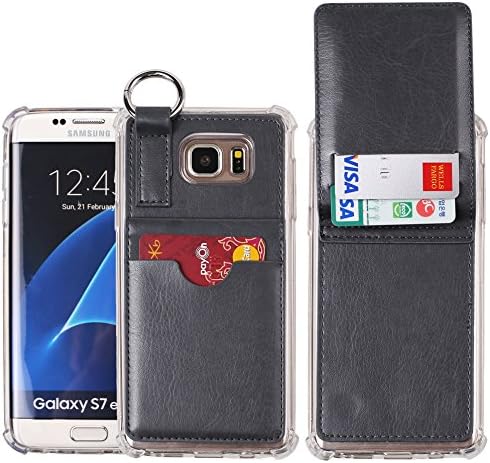 Galaxy S7 Edge Wallet Case,[Pocket Ring Bumper] Credit Card Case [Kick Stand] Protective Hybrid Case [Key Ring Holder] with 3 Cards Slot Wallet for Galaxy S7 Edge (Dark Grey)