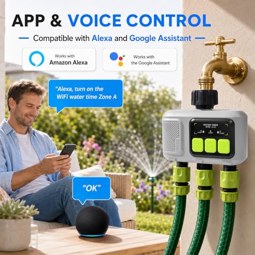 johgee Programador Riego WiFi 3 Salidas con tecnología RF 433, riego temporizado inteligente con APP, control por voz Alexa, 6 horarios de riego, temporizador de riego automático para jardín