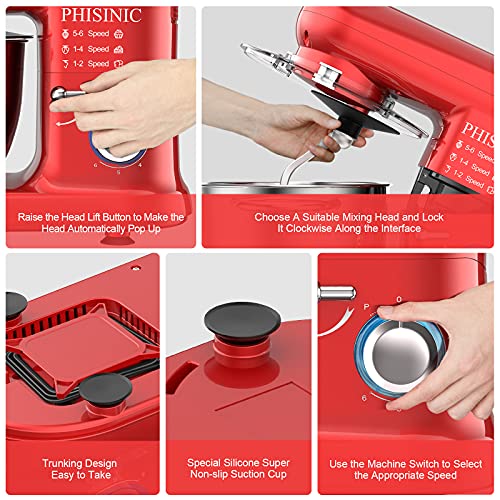 PHISINIC Stand Mixer, 5.8-QT 660W Electric Kitchen Mixer, 6-Speed Tilt-Head Household Stand Mixer, Kitchen Food Mixer with Dough Hook, Wire Whip and Beater, for Baking, Cake, Cookie, Kneading (Red)