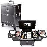 Travelmall Professional Makeup Artist Rolling Makeup Cosmetic Train Case Lockable Organizer with 4 Wheels (black)