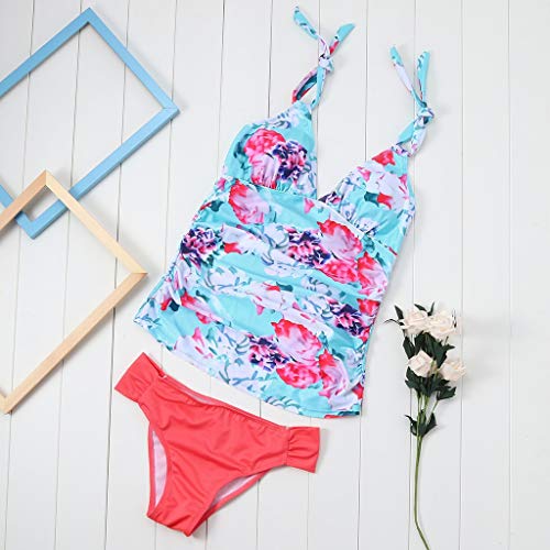 Women Halter Neck Swimsuit - Leadmall Maternity Tankini Push Up Backless Bikini Set - Floral Print Two Piece Swimwear (L, Blue) - Thumbnail 4