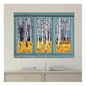 Vintage Teal Window Looking Out Into a an Aspen Tree Forest During Fall Time - Wall Mural, Removable Sticker, Home Decor - 24x32 inches