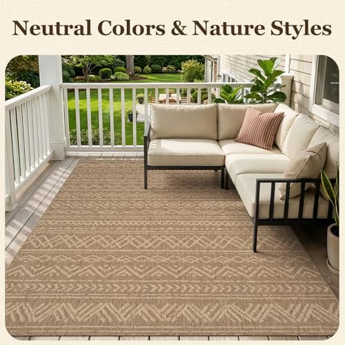 Outdoor Rug-Patio Rug Boho 5x7 ft Polypropylene Indoor Outdoor Rug for Porch Balcony Patio Outdoor Area Rug Easy Clean Non Slip Durable Outdoor Carpet Brown