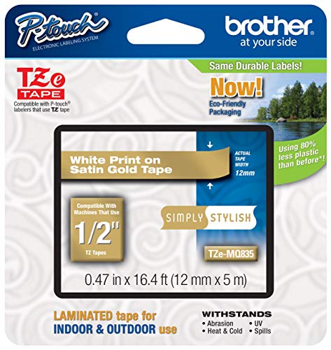 Brother Laminated Tape, 12Mm (0.47 Inch), White On Satin Gold (Tzemq835) - Retail Packaging (5775005829370)