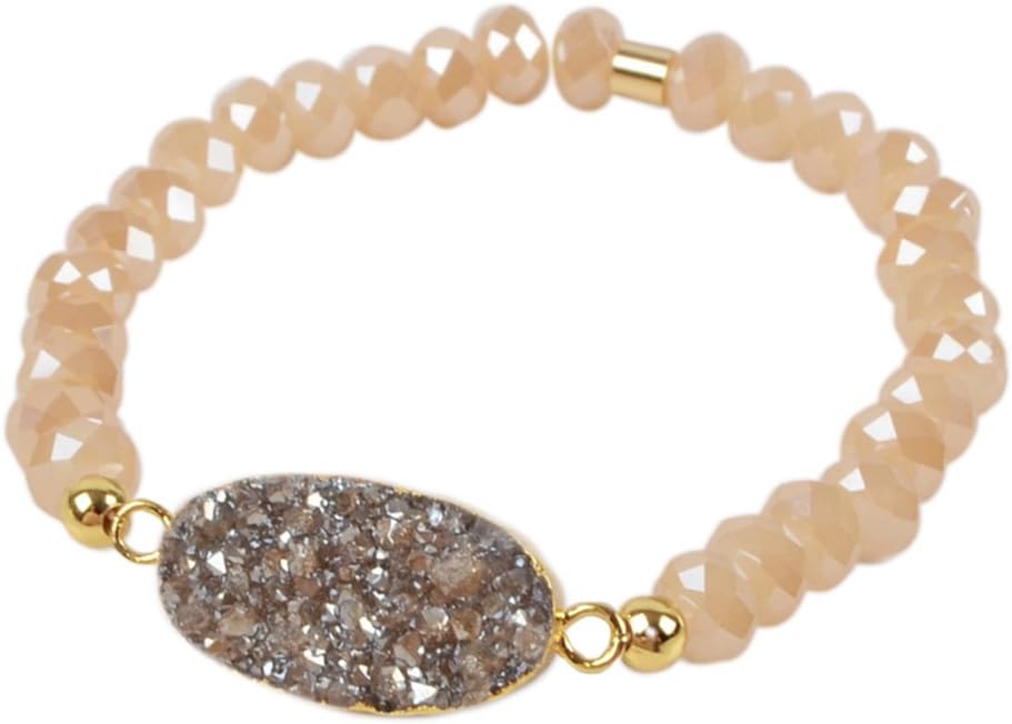 ZENGORI 1 Pcs Gold Plated Oval Natural Agate Titanium Rainbow Druzy Faceted Beads Bracelet