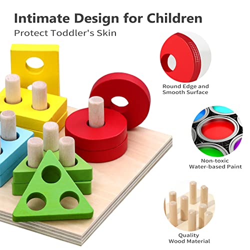 Babehey 4 in 1 Montessori Toys for 1 Year Old Boys Girls, Wooden Shape