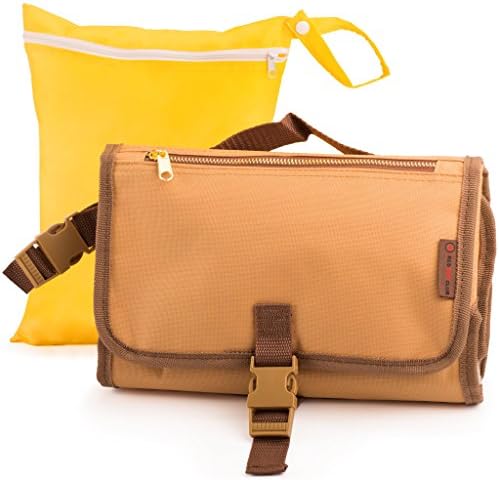 Portable Baby Diaper Changing Pad Station with Cushioned Changing Mat - Wet Bag for Used Diapers - Gold Edition