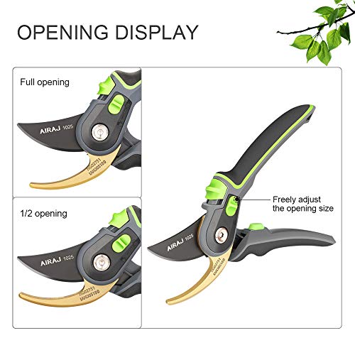 AIRAJ 8" Professional Pruning Shears, Two Adjustable Opening Degrees Hand Pruners, Great for Gardeners, Flower, Garden Trims, Grooming Garden Shears (Green) - Thumbnail 2
