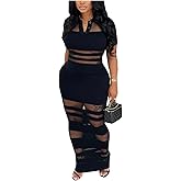 KRICESSEEN Sexy Mesh See Through Maxi Dress for Women Short Sleeve Polo Collar Bodycon Club Party Dress Night Out Cover Up