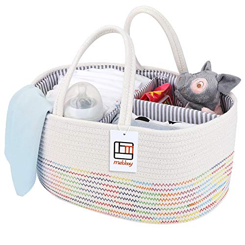 Mebbay Baby Diaper Caddy Organizer, Woven Cotton Rope Storage Basket, Nursery Storage Bin for Changing Table and Car, Detachable Partition with Bottle Holder, Colorful Stitching - Thumbnail 7