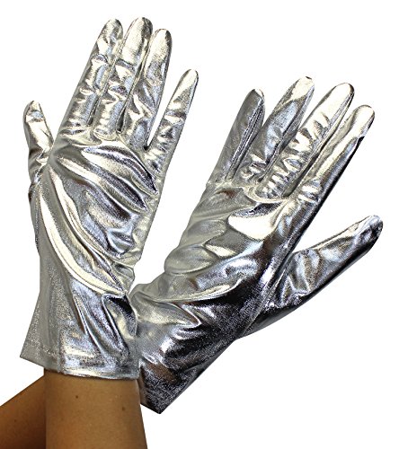 EnimayWomen's Short Colored Satin Gloves Wedding Bridal Shower Formal Opera Silver Metallic