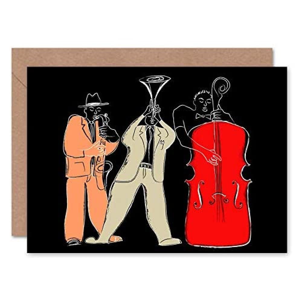 Wee Blue Coo Musicians Jazz Modern Illustration Greeting Card With Envelope Inside Premium Quality