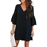 BELONGSCI Women's Dress Sweet & Cute V-Neck Bell Sleeve Shift Dress Mini Dress