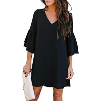 BELONGSCI Women's Dress Sweet & Cute V-Neck Bell Sleeve Shift Dress Mini Dress