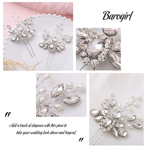 Barogirl Wedding Hair Pins Decorative Faux Pearl Hair Pin Clip Rhinestone Hair Jewelry for Women and Girls 2 PCS (Silver)