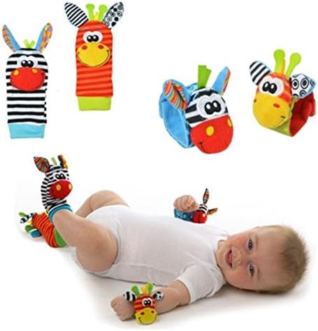 Kanggest 4Pcs Baby Toy Socks Wrist Rattles Foot Finder and Wrist rattle Set Sensory Toy(2pcs Wrist Bell Toy and 2pcs Socks)