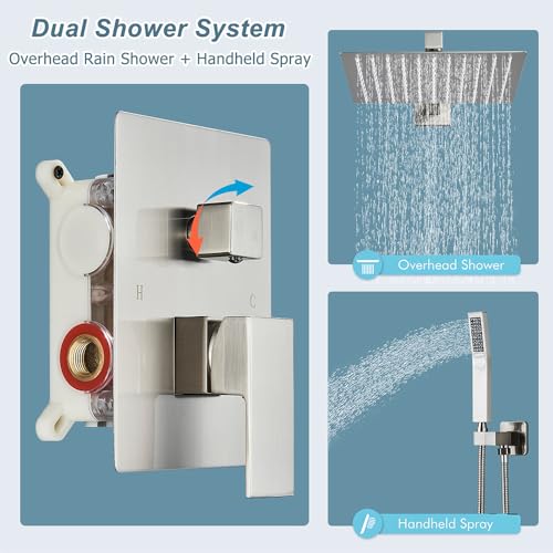 Votamuta Shower Faucet Set Brushed Nickel Shower System,Shower Faucet with 10 Inch Rain Shower Head and Handheld,Shower Faucets Sets Complete Shower Combo Set Rough-in Valve and Trim Kit Include