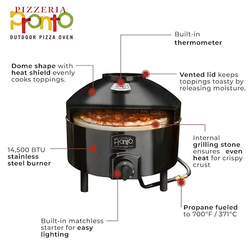 Pronto Outdoor Portable Pizza Oven - Pizzacraft - 14-Inch Cordierite Pizza Stone | Heats Up to 750°F, Cooks Pizza in 5 Minutes | Gas Propane Pizza Oven