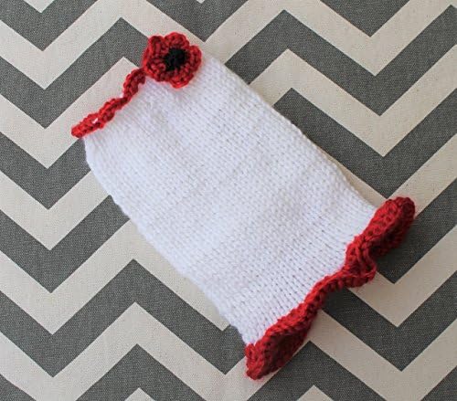 Teeny Tiny Knitted Dog/Puppy/Kitten Sweater Dress White w/Red Poppy and Ruffle for 1 to 1 1/2 lbs XXXS Chihuahua Yorkie Maltese Teacup Puppy