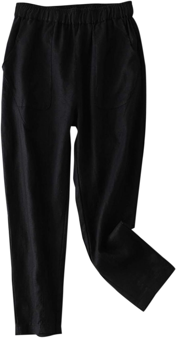 IXIMO Women's Tapered Pants 100% Linen Drawstring Back Elastic Waist Ankle Length Pants