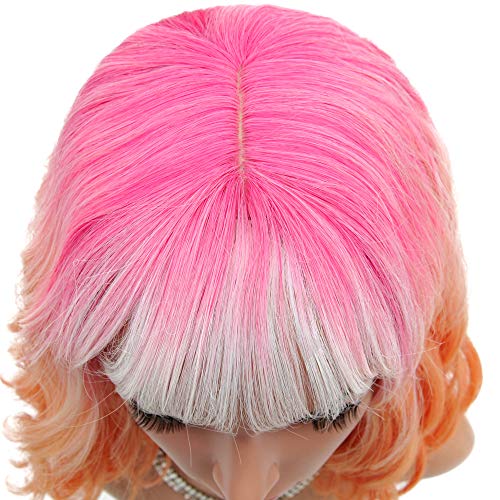 image for VCKOVCKO Natural Wavy Wig With Air Bangs 3 Tone Red to Pink to Orange 